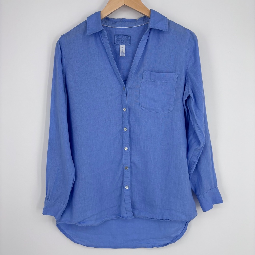 Sigrid Olsen Linen Button Up Shirt Womens Small Blue Long Sleeve High Low Top